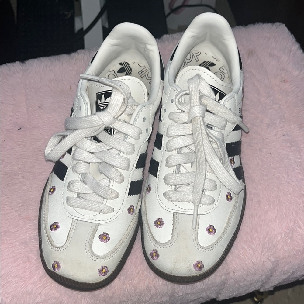 Adidas sambas White Sneakers with Black Stripes and Purple Floral Details